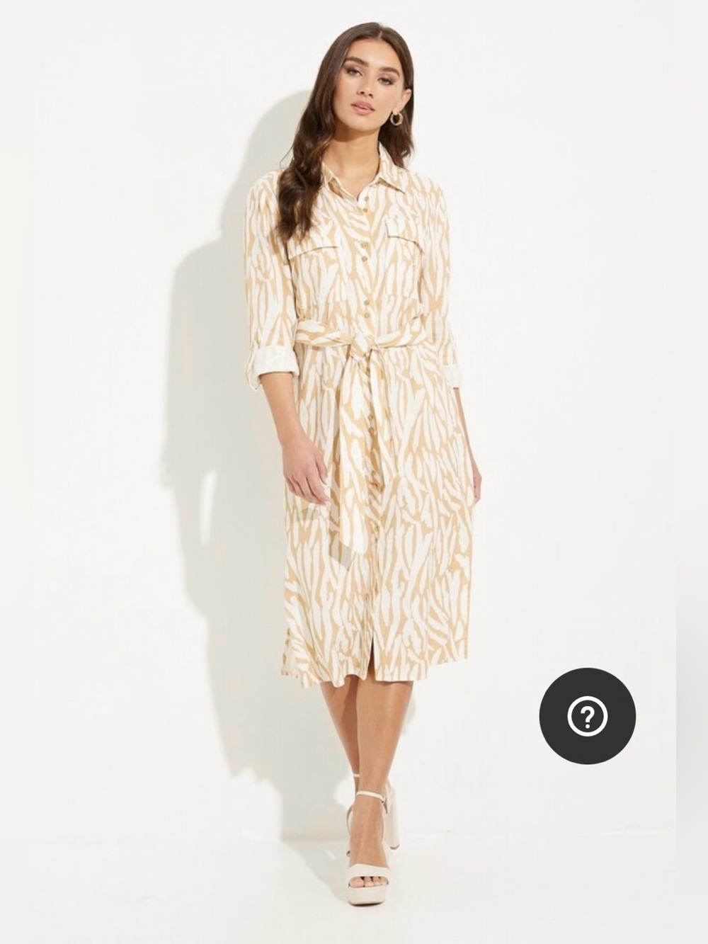 Belted Long-Sleeve Shirt Dress in Cream & Tan Zebra Print.Size:Large